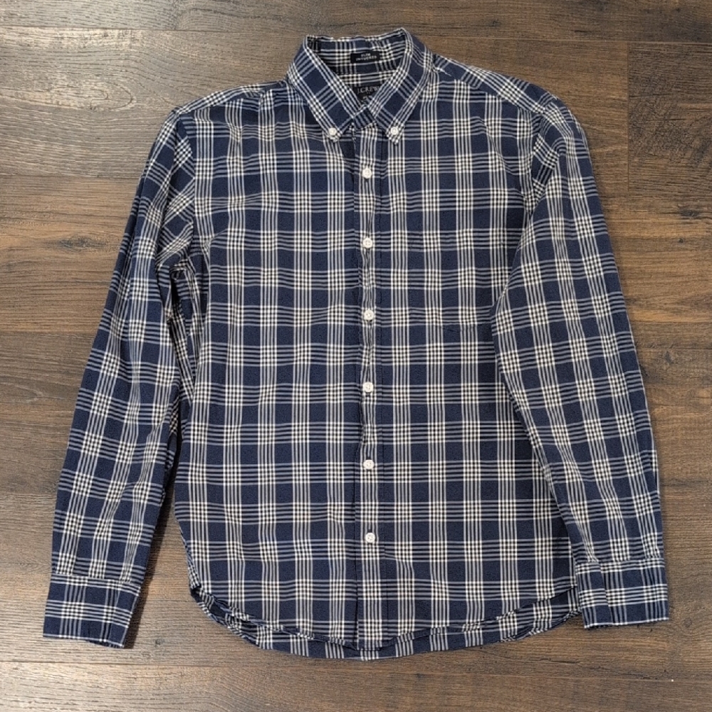J. Crew Men's Blue and White Checkered Shirt